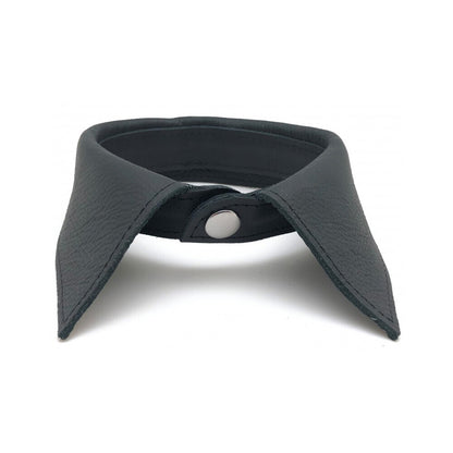 Black leather shirt collar, a stylish accessory from various toy brands, close-up.