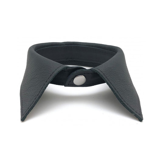 Black leather shirt collar, a stylish accessory from various toy brands, close-up.