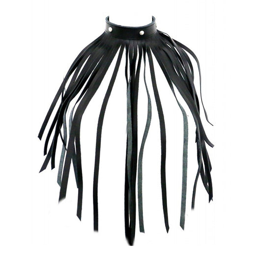 Black leather fringe necklace collar, a stylish accessory from various toy brands.