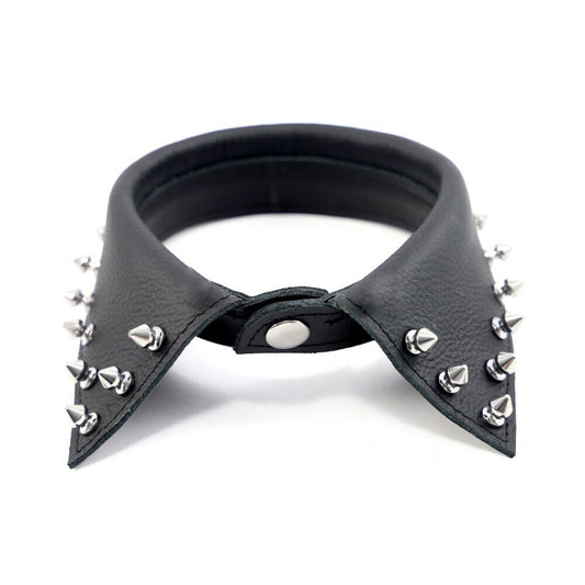 Close-up of a black leather shirt collar with pointed silver-tone metal studs.