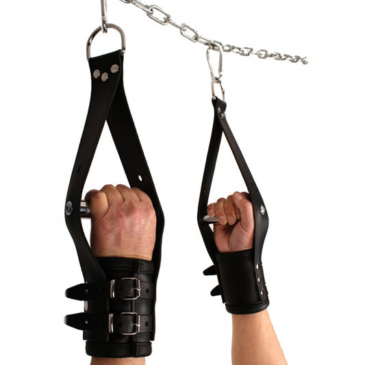 deluxe black leather suspension handcuffs, featuring metal d-rings and quality stitching, restraints