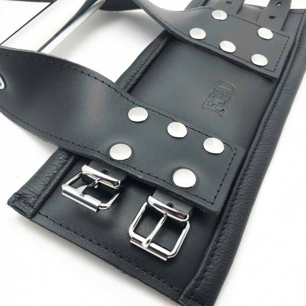 Deluxe leather suspension handcuffs in black, crafted with a smooth, high-quality finish, for restraint play.