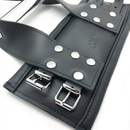 Deluxe leather suspension handcuffs in black, crafted with a smooth, high-quality finish, for restraint play.