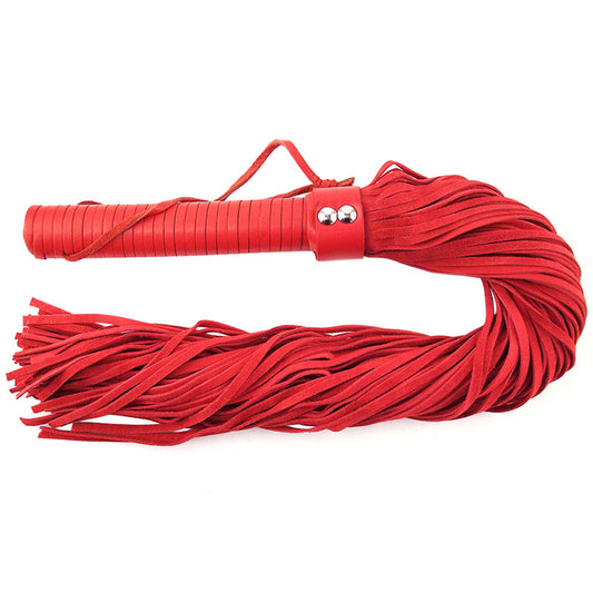 Rouge Garments red suede flogger with multiple falls, a stylish adult toy whip.