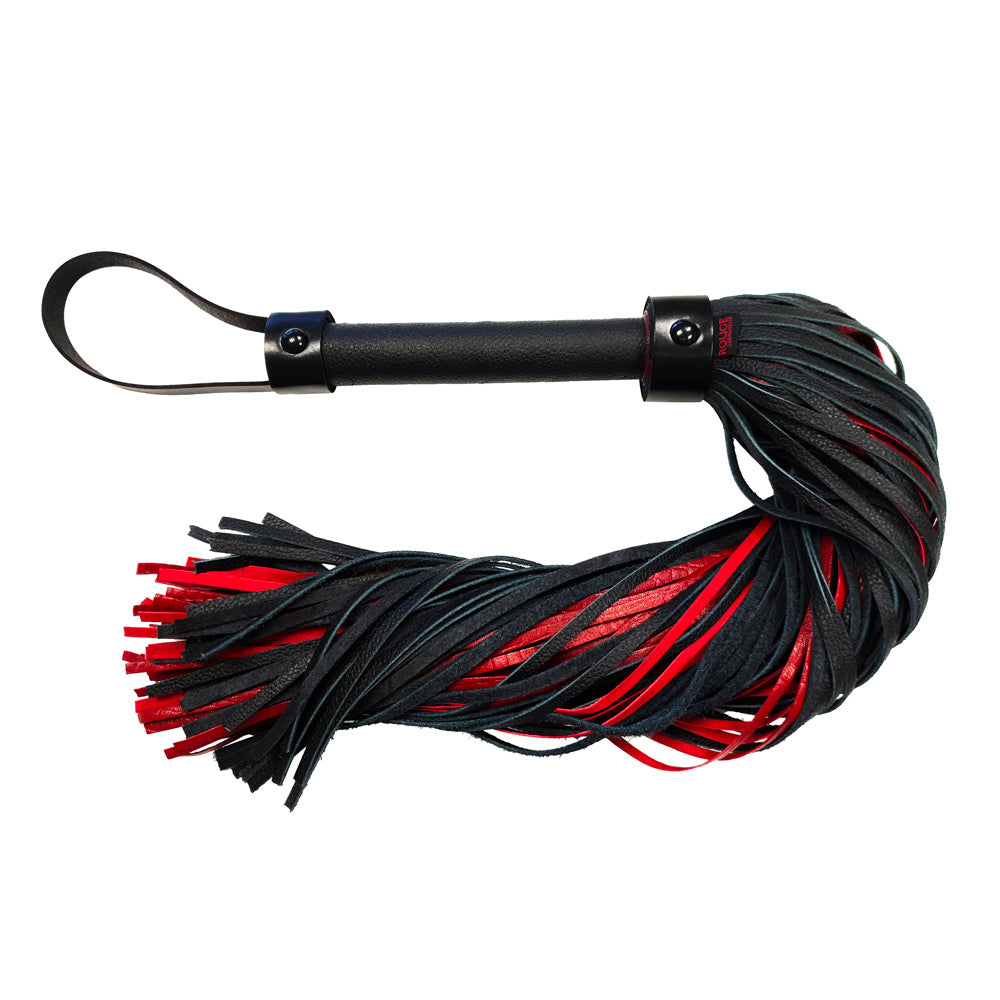 rouge garments flogger in black leather with a distinctive croc print texture.