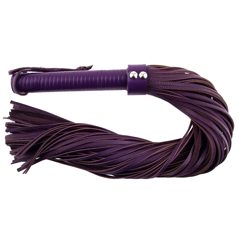 Large purple leather flogger from rouge garments, a striking whip for playful encounters.