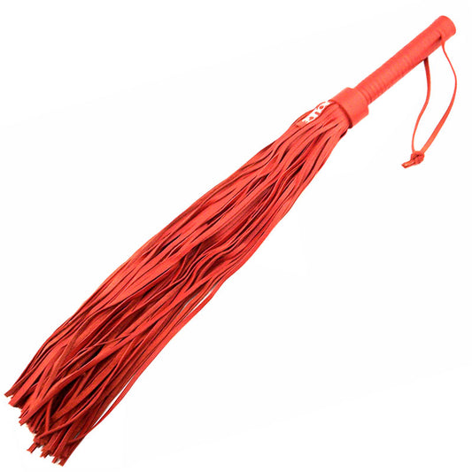 Rouge Garments large red leather flogger with multiple falls, designed for playful impact.