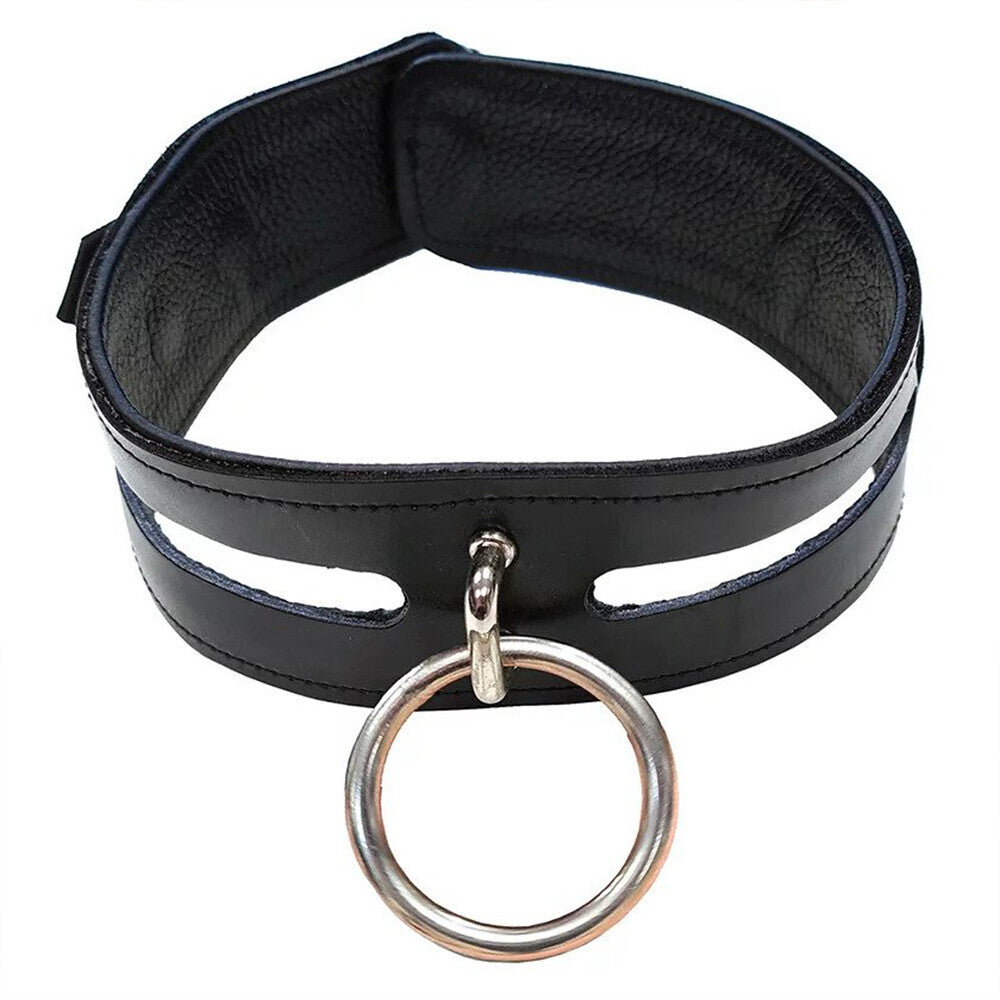 Rouge Garments black leather bondage collar, a stylish and edgy neck accessory.