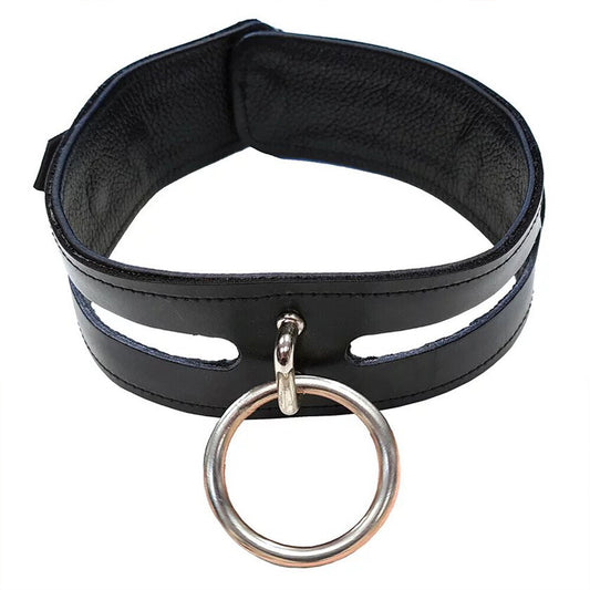 Rouge Garments black leather bondage collar, a stylish and edgy neck accessory.