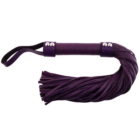 Close-up of a deep purple leather flogger from rouge garments, part of our whips range.