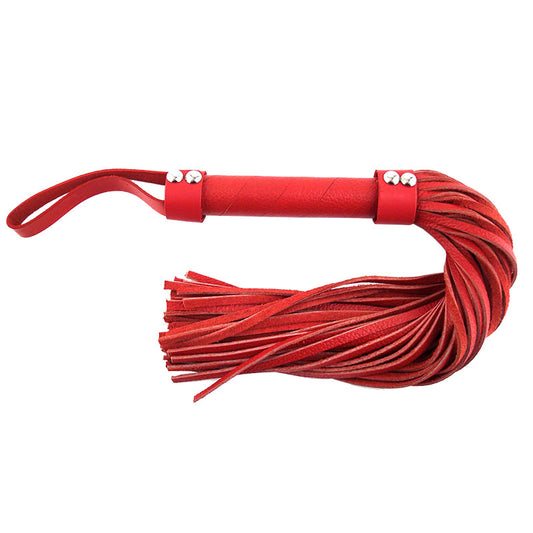Rouge Garments red leather flogger, a decadent whip for sensual play and impact.