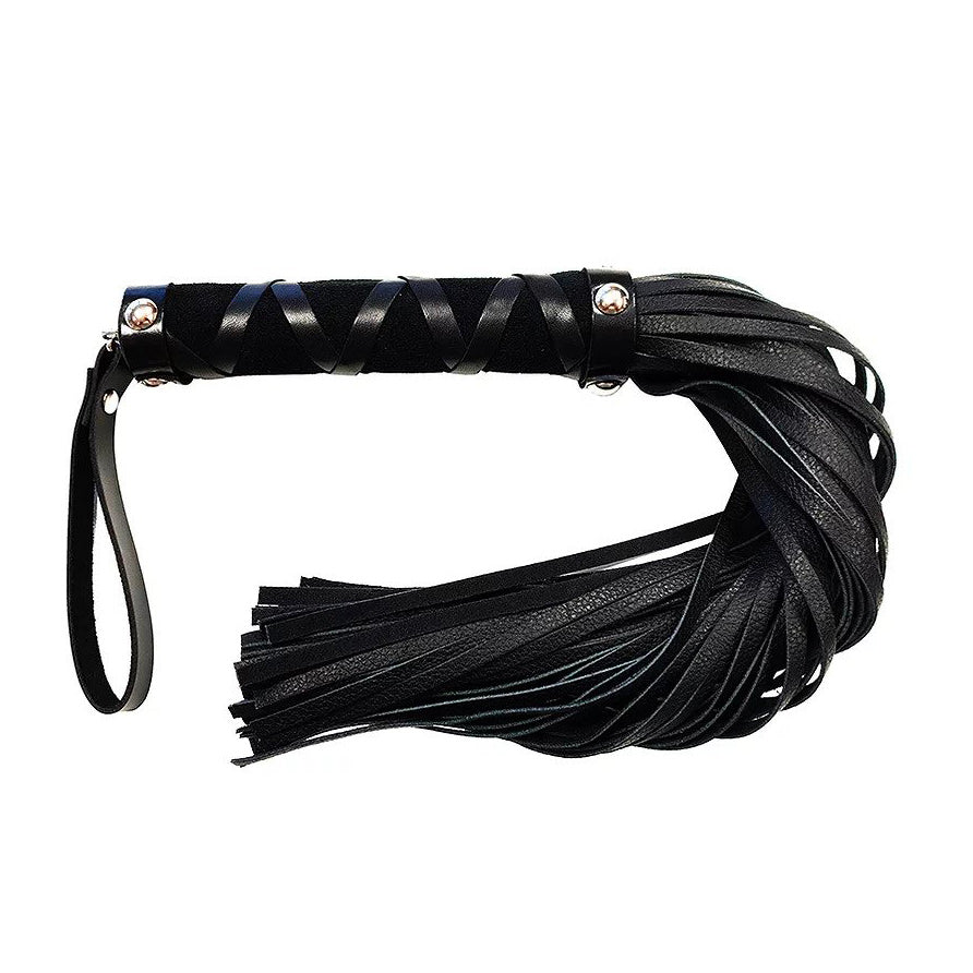 rouge short leather flogger with metal studs, a kinky accessory from rouge garments.