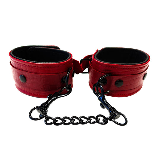 Rouge Garments leather ankle cuffs with a distinctive croc print, black and burgundy finish.