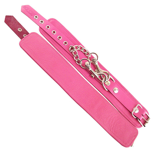 Rouge Garments ankle cuffs in pink, a playful restraint accessory with buckle detailing.
