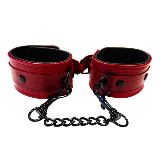 Rouge Garments leather wrist cuffs with a croc print in black and burgundy.