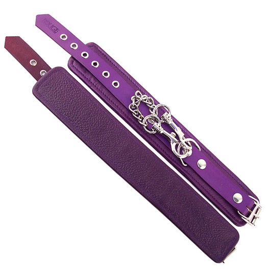Purple wrist cuffs from rouge garments, leather-look restraints for playful bedroom adventures.