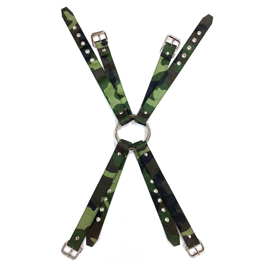 Rouge Garments army camouflage chest harness with restraint straps, buckles, and adjustable fit.