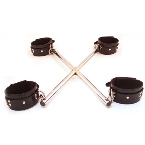 rouged leather hog tie restraint with adjustable straps, buckles, and metal rings