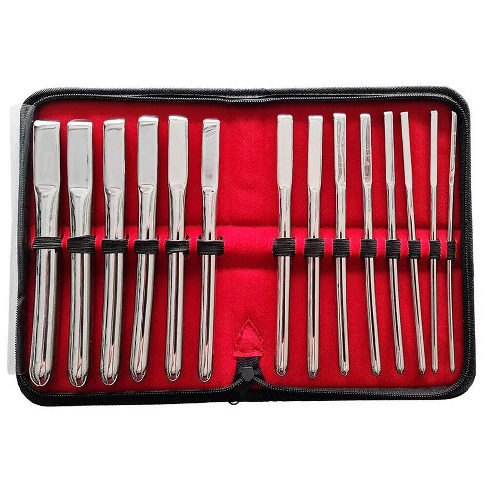 Rouge Garments uterine dilator set, fourteen stainless steel instruments for medical procedures.