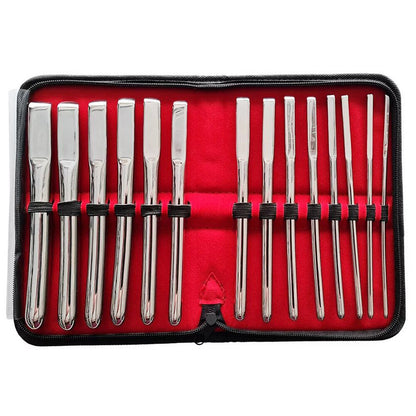 Rouge Garments uterine dilator set, fourteen stainless steel instruments for medical procedures.