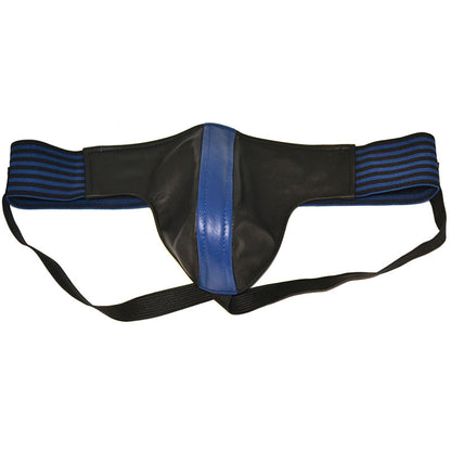 Rouge Garments jockstrap in black and blue. Close-fitting, male underwear. Sporty and supportive, showcasing a modern design.