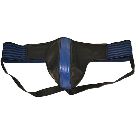 Rouge Garments jockstrap in black and blue. Close-fitting, male underwear. Sporty and supportive, showcasing a modern design.