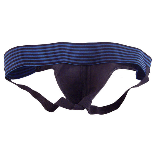 Rouge Garments black and blue jockstrap for blokes, showcasing a sporty and supportive design.