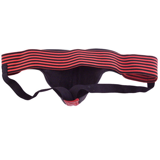 Black and red jockstrap from rouge garments, designed for men, close-up shot.