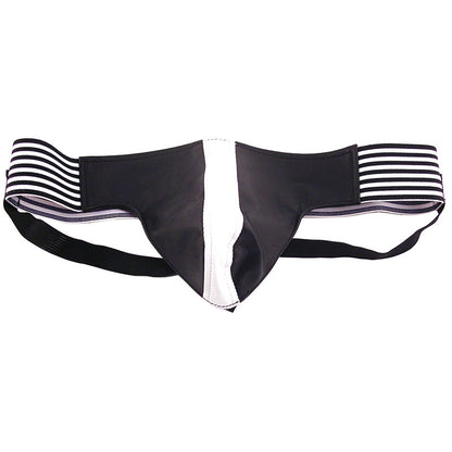 Black and white jockstrap from Rouge Garments, suitable for men, showcasing a sporty design.