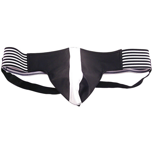 Black and white jockstrap from Rouge Garments, suitable for men, showcasing a sporty design.