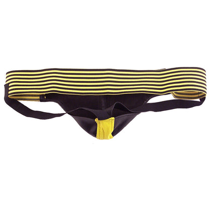Rouge Garments jock strap in black and yellow, a sporty and supportive undergarment for men.
