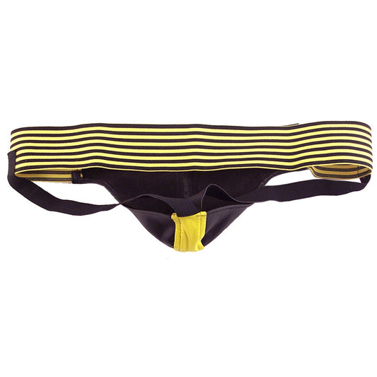 Rouge Garments jock strap in black and yellow, a sporty and supportive undergarment for men.