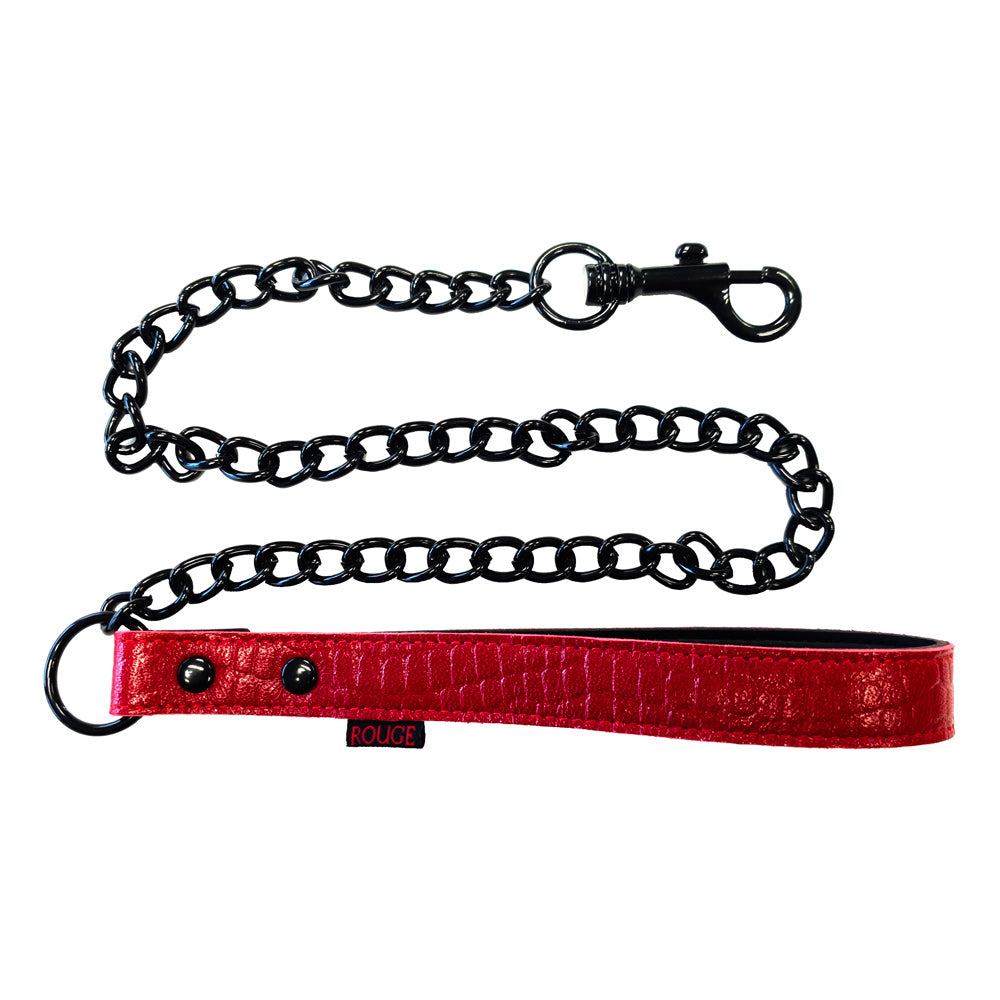 rouge garments black and burgundy leather dog lead with croc print pattern, restraints tag