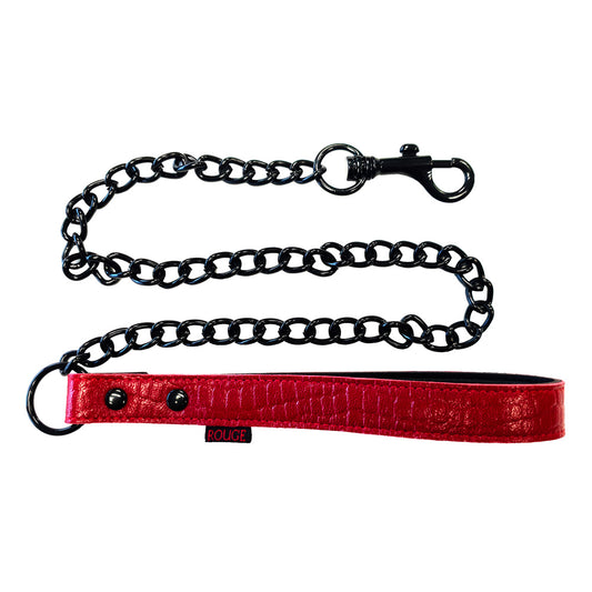 rouge garments black and burgundy leather dog lead with croc print pattern, restraints tag