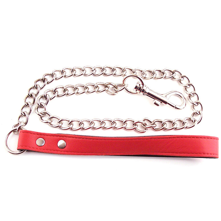 Rouge Garments red lead restraint, made from a shiny, smooth material. For playful use.