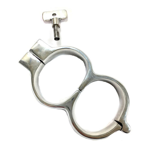 rouge stainless steel wrist restraints with a lockable mechanism, shiny finish, for play.