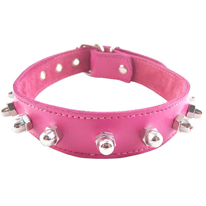 A bright pink dog collar by rouge garments with silver-tone nut detailing around the neck.