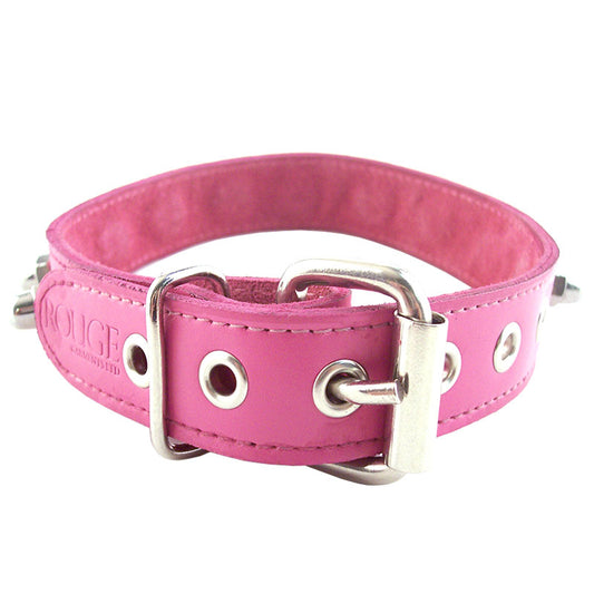 A pink fabric dog collar with silver-coloured metal hardware, including a buckle, by rouge garments.