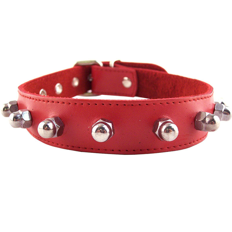 A vibrant red nut collar from rouge garments, a stylish accessory for adding flair.