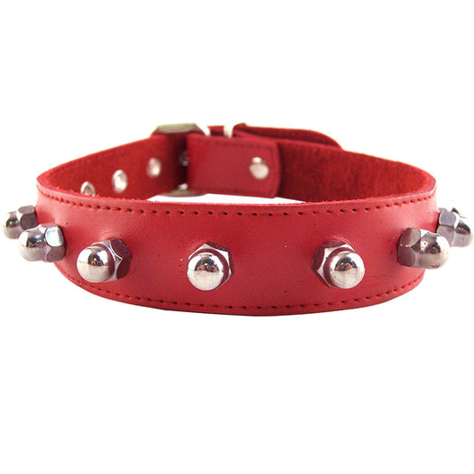 A vibrant red nut collar from rouge garments, a stylish accessory for adding flair.