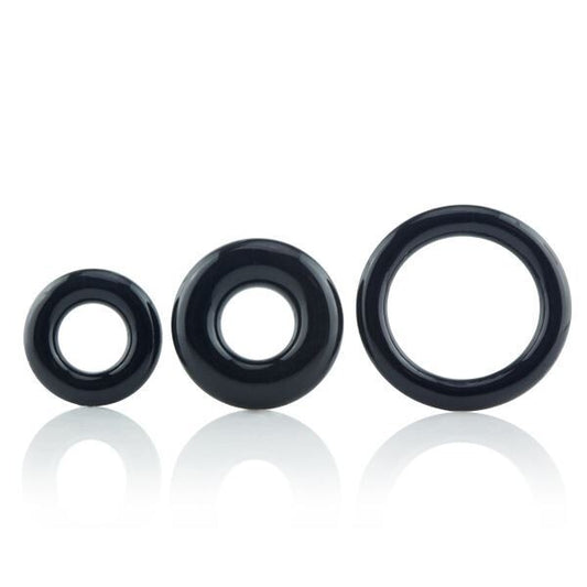 A trio of black Screaming O RingO cock rings, designed for enhanced pleasure.