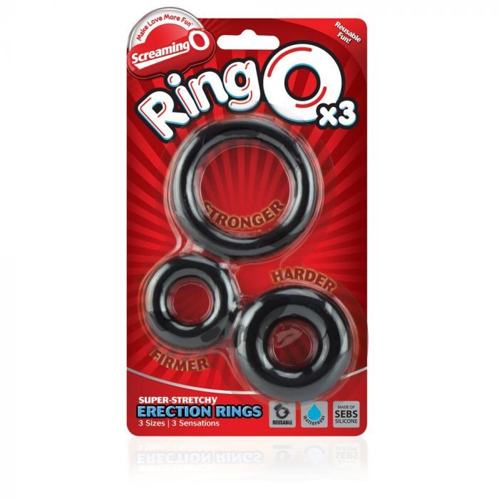 Three black screaming o ringo cock rings, stretchy silicone love rings for pleasure.