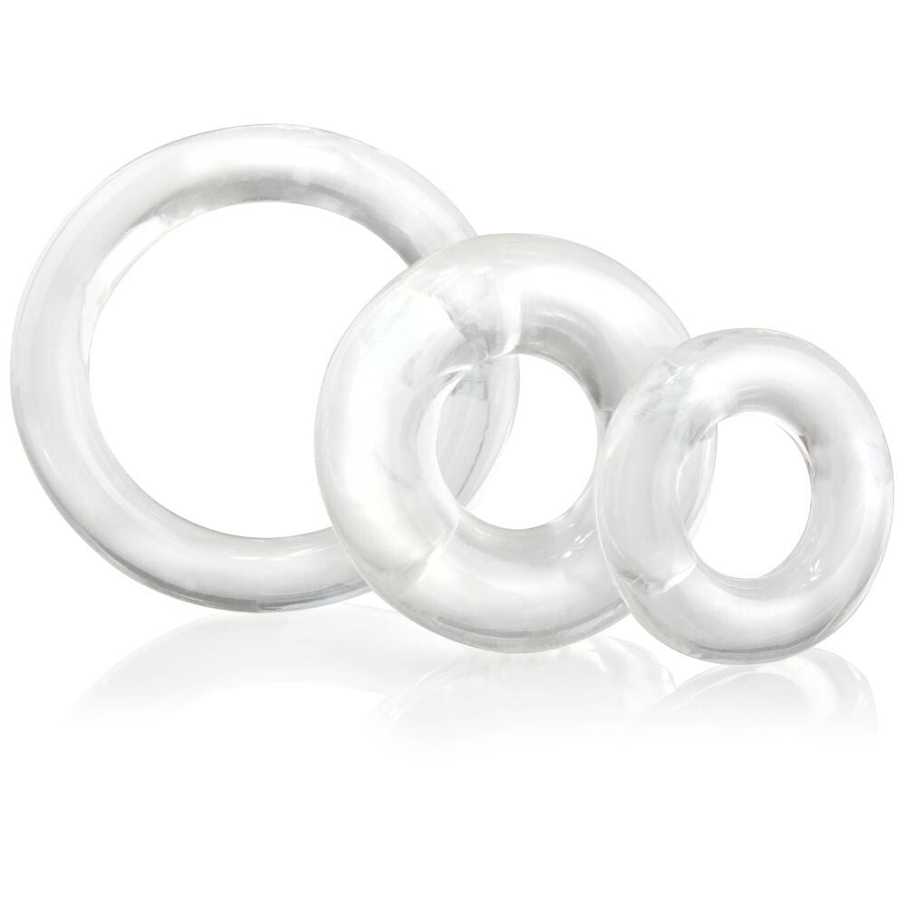 A set of three clear, flexible Screaming O RingO love rings for enhanced pleasure.