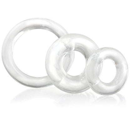 A set of three clear, flexible Screaming O RingO love rings for enhanced pleasure.