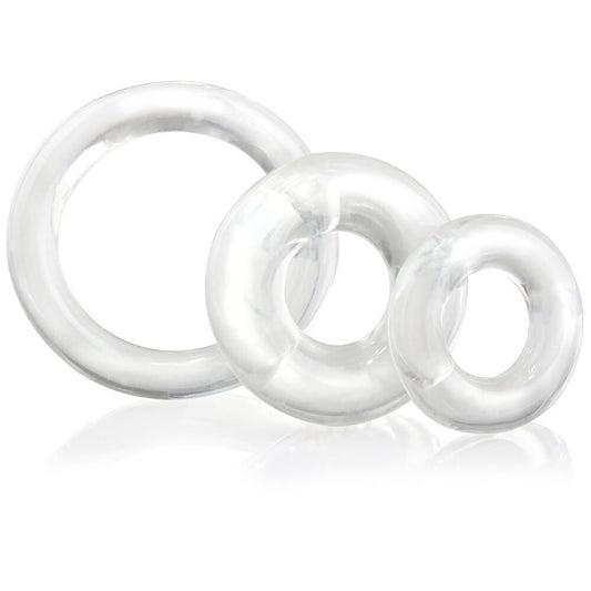 A set of three clear, flexible Screaming O RingO love rings for enhanced pleasure.