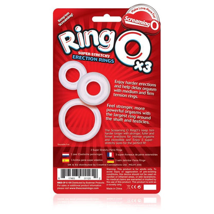 Three clear Screaming O RingO love rings, designed for enhanced pleasure and intimacy.
