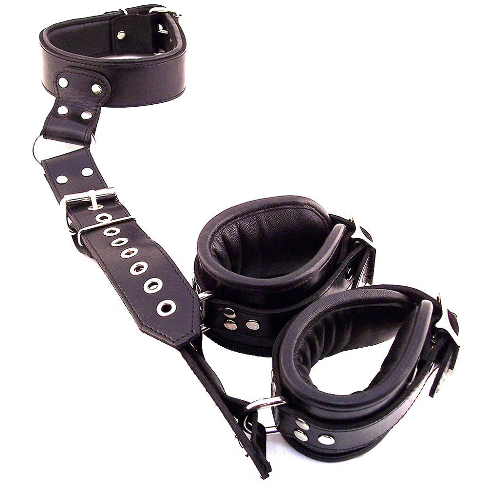 shots toys black leather restraints, neck to wrist, for bondage play