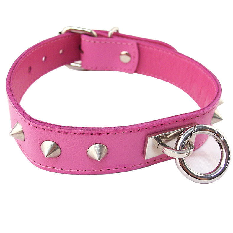 rouge garments pink collar with silver studs and metal o-ring for edgy style.