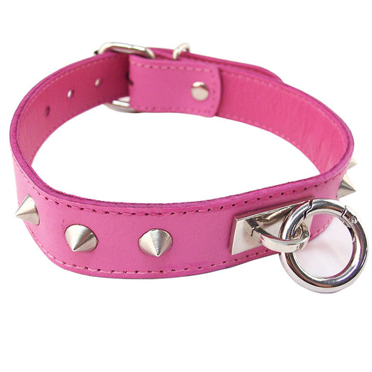 rouge garments pink collar with silver studs and metal o-ring for edgy style.