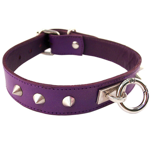 rouge garments purple collar with metal o-ring and studded detailing, a stylish dog collar
